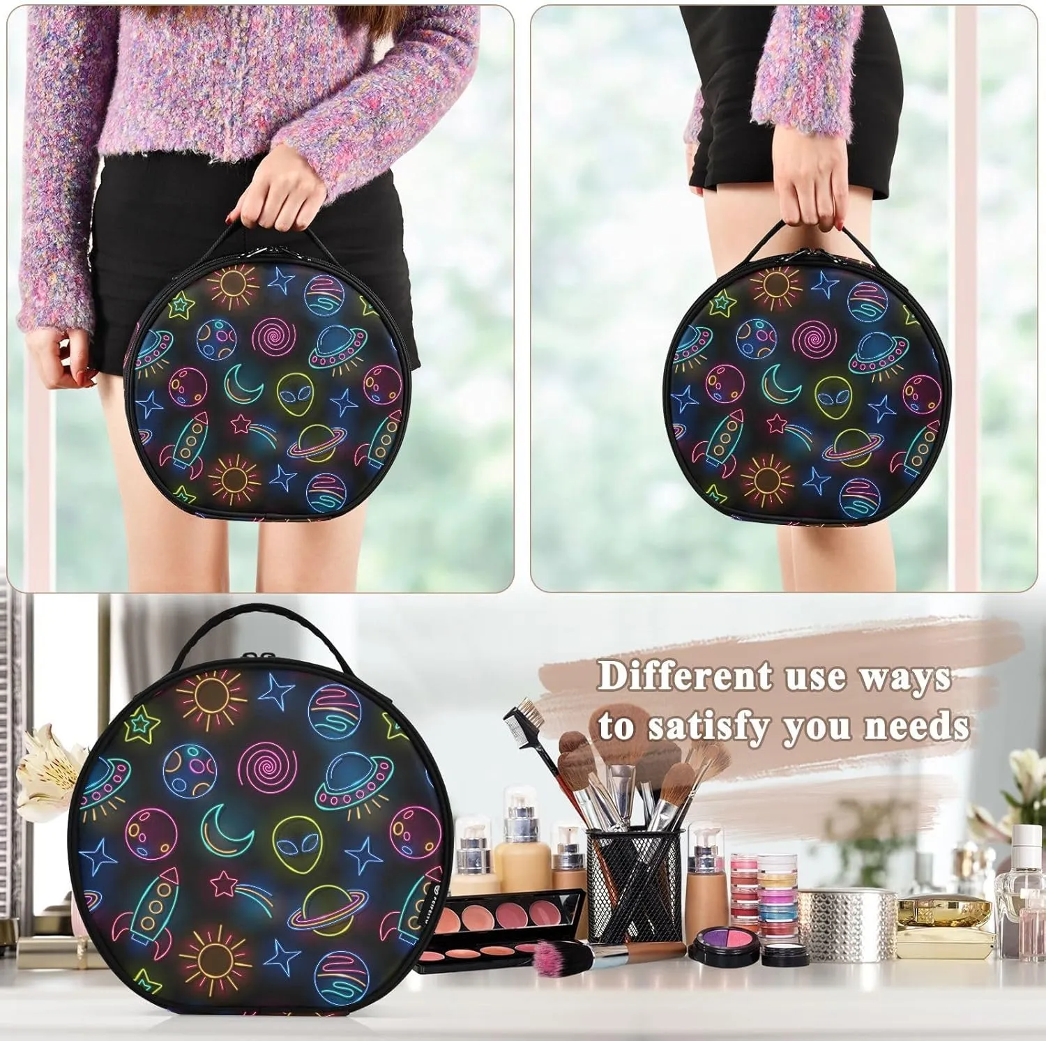 ALAZA Space Rocket Planets Alien Ship Sun Moon Comet Stars Portable Cosmetic Bag Large Capacity Makeup Bags