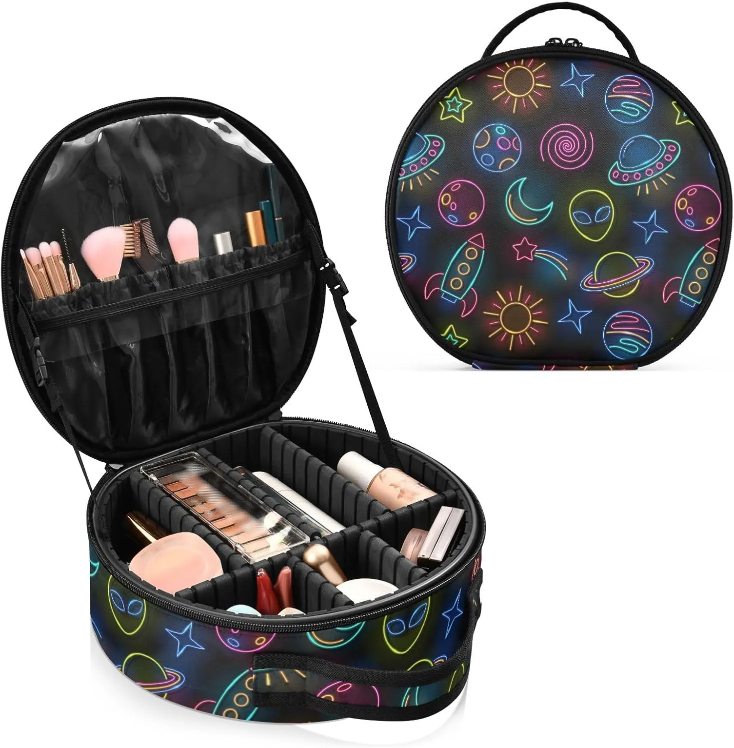 ALAZA Space Rocket Planets Alien Ship Sun Moon Comet Stars Portable Cosmetic Bag Large Capacity Makeup Bags