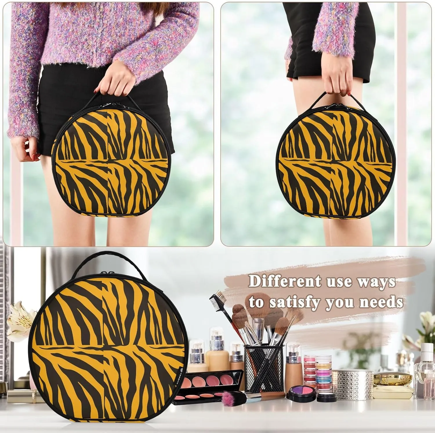 ALAZA Tiger Stripe Animal Skin Travel Makeup Train Case Makeup Cosmetic Case with Adjustable Dividers