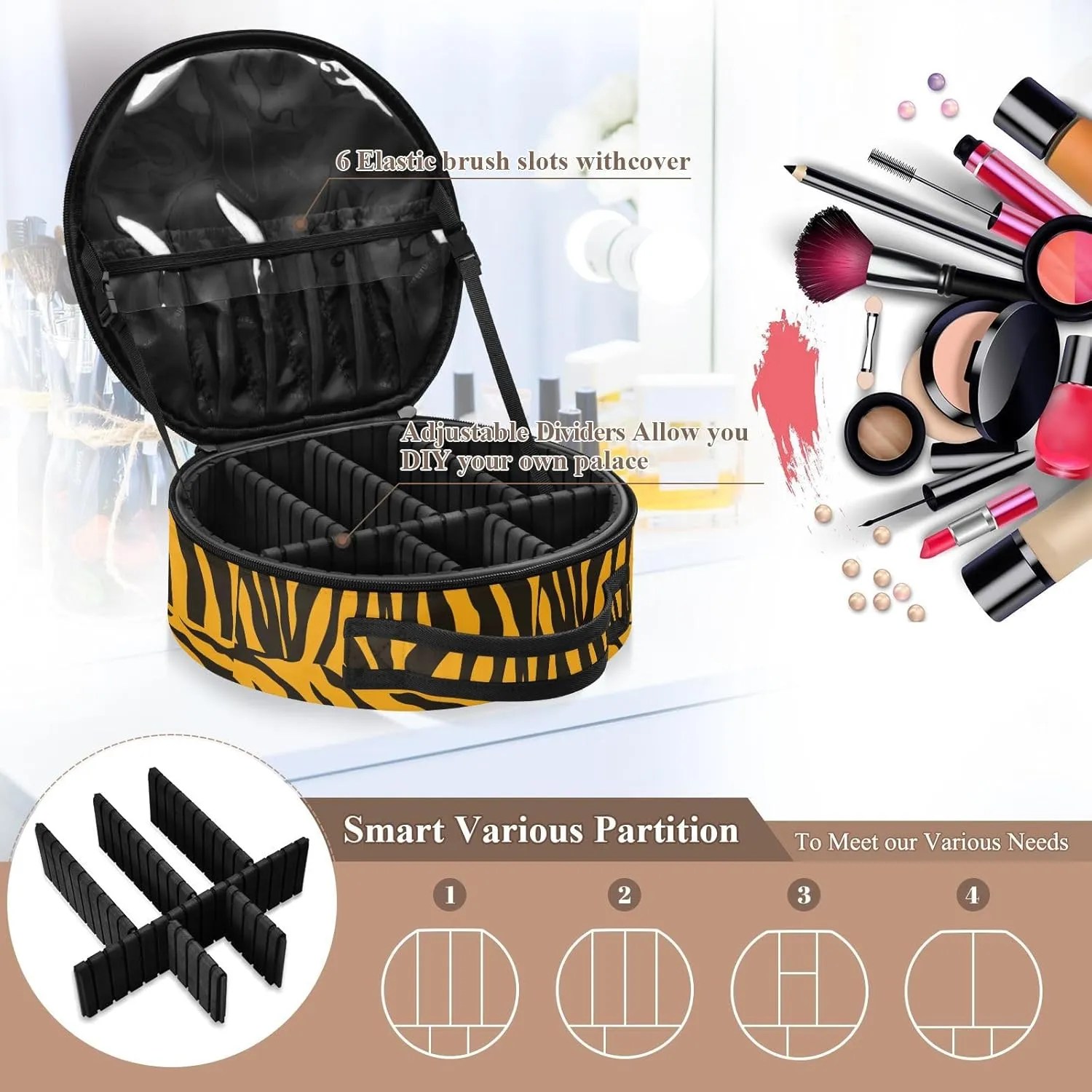 ALAZA Tiger Stripe Animal Skin Travel Makeup Train Case Makeup Cosmetic Case with Adjustable Dividers