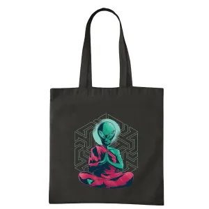 Alien Monk Meditation Gift Illustration for Deep Concentration for Spiritual Seekers Navy Black Multicolor Canvas Tote Bag