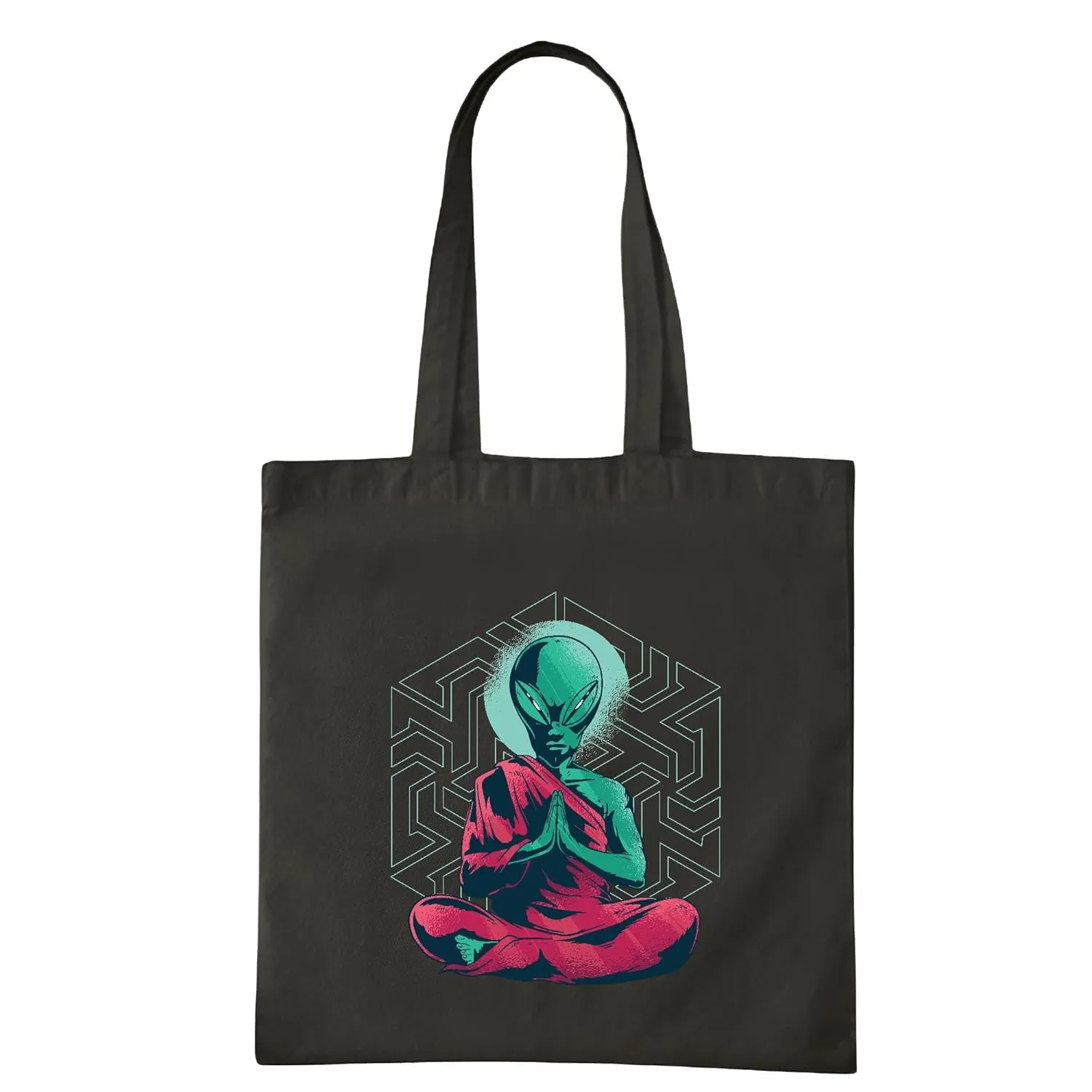 Alien Monk Meditation Gift Illustration for Deep Concentration for Spiritual Seekers Navy Black Multicolor Canvas Tote Bag
