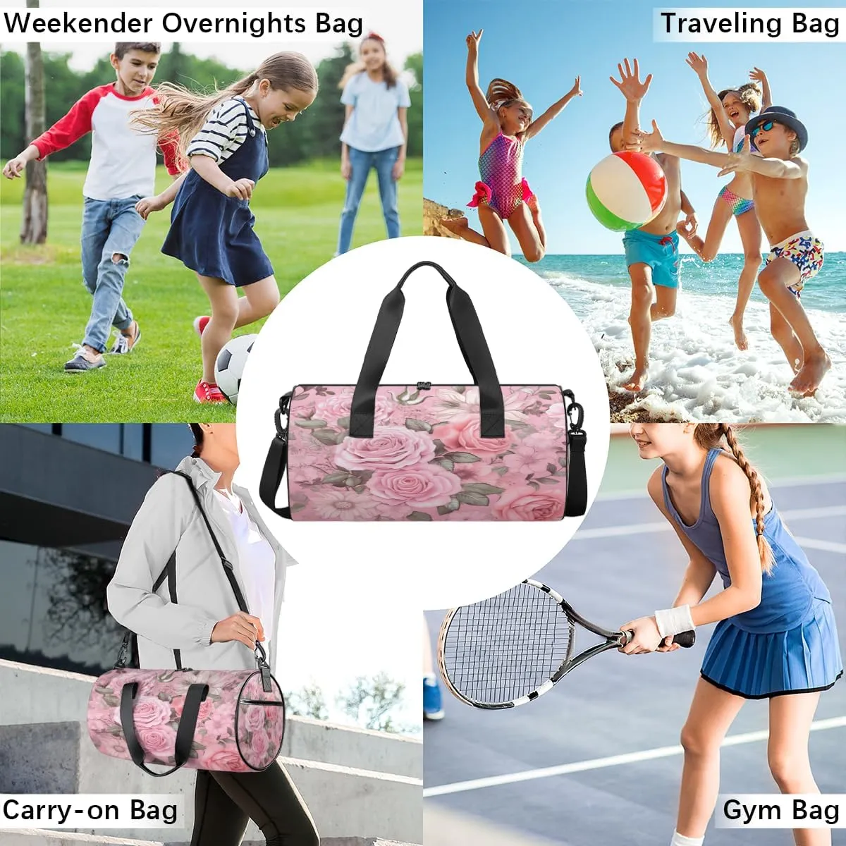 All Pink Rose Garden Sports Duffel Bag with Shoulder Strap, Large Capacity Gym Bag with Shoe Compartment, Water Resistant Travel Duffle Bag for Men Women Travel, Sports (17.6x9x9 Inch)