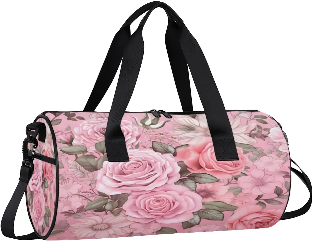 All Pink Rose Garden Sports Duffel Bag with Shoulder Strap, Large Capacity Gym Bag with Shoe Compartment, Water Resistant Travel Duffle Bag for Men Women Travel, Sports (17.6x9x9 Inch)