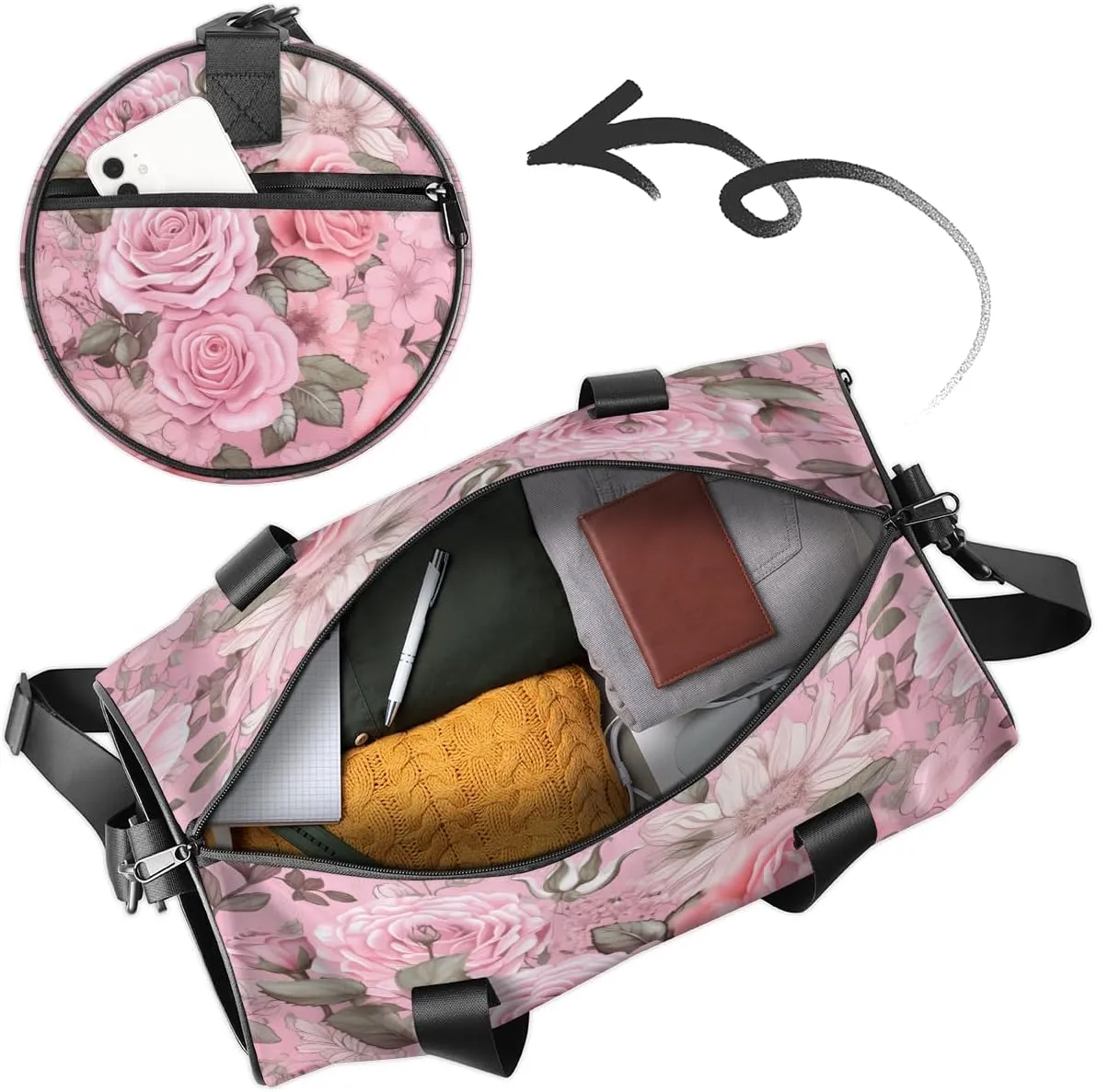 All Pink Rose Garden Sports Duffel Bag with Shoulder Strap, Large Capacity Gym Bag with Shoe Compartment, Water Resistant Travel Duffle Bag for Men Women Travel, Sports (17.6x9x9 Inch)