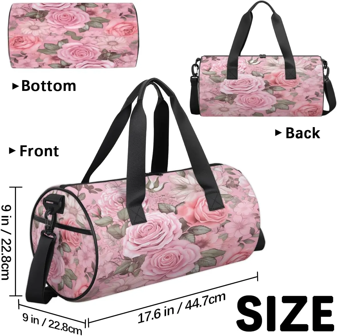 All Pink Rose Garden Sports Duffel Bag with Shoulder Strap, Large Capacity Gym Bag with Shoe Compartment, Water Resistant Travel Duffle Bag for Men Women Travel, Sports (17.6x9x9 Inch)