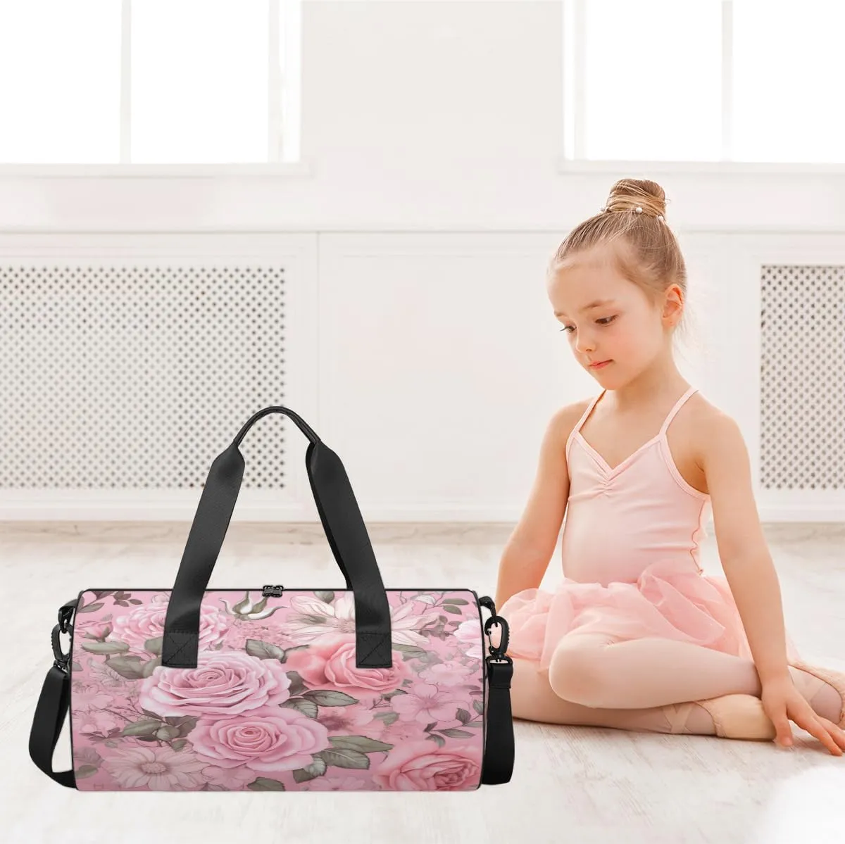 All Pink Rose Garden Sports Duffel Bag with Shoulder Strap, Large Capacity Gym Bag with Shoe Compartment, Water Resistant Travel Duffle Bag for Men Women Travel, Sports (17.6x9x9 Inch)
