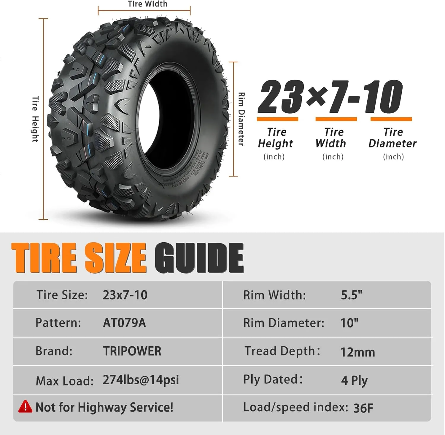 All Terrain Tires 23x7-10 ATV UTV Trail Sand Mud Off-Road Tire, 4-Ply Tubeless, Set of 2