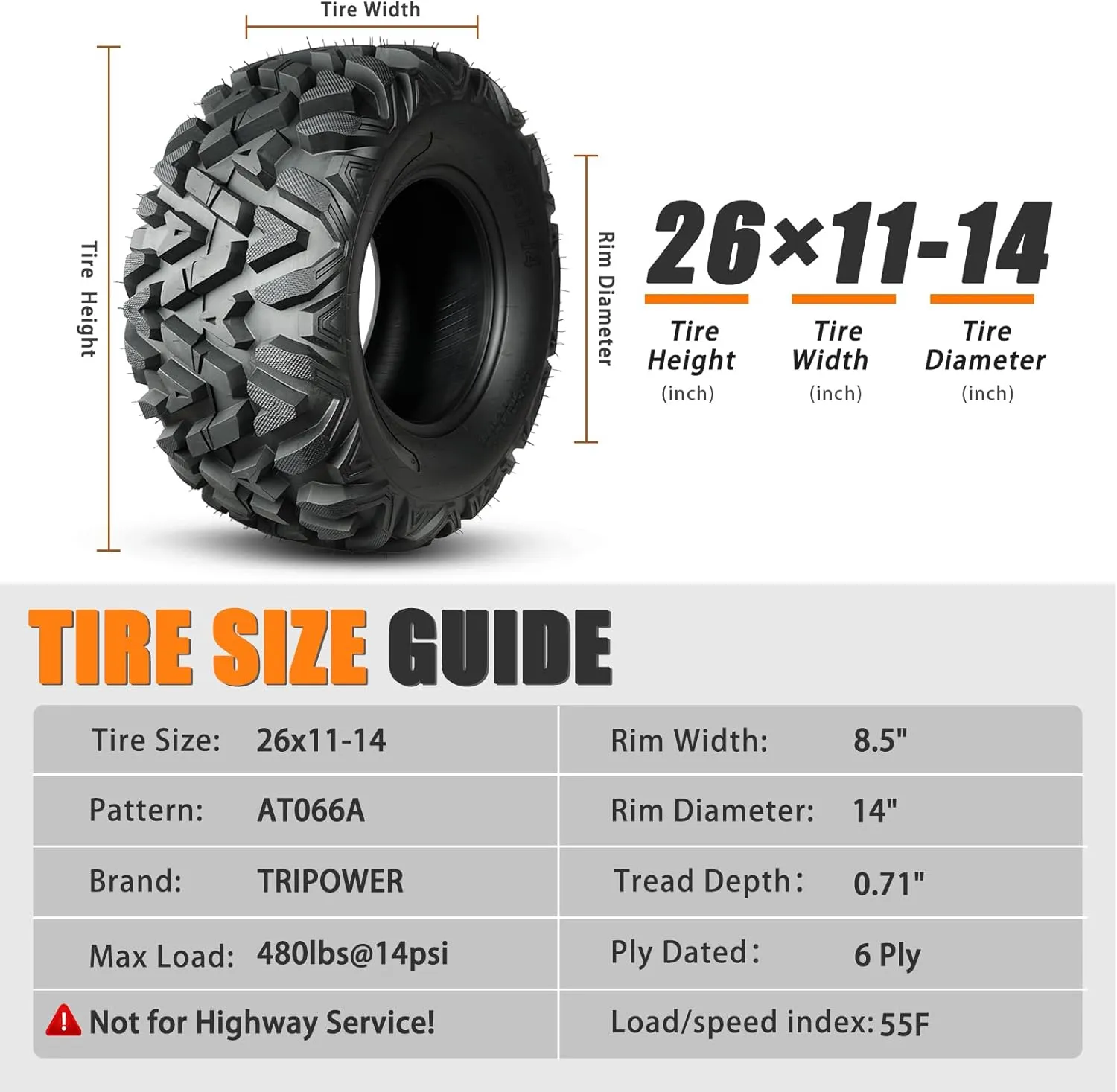 All Terrain Tires 26x11-14 ATV UTV Trail Sand Mud Off-Road Tire, 6-Ply Tubeless, Set of 2