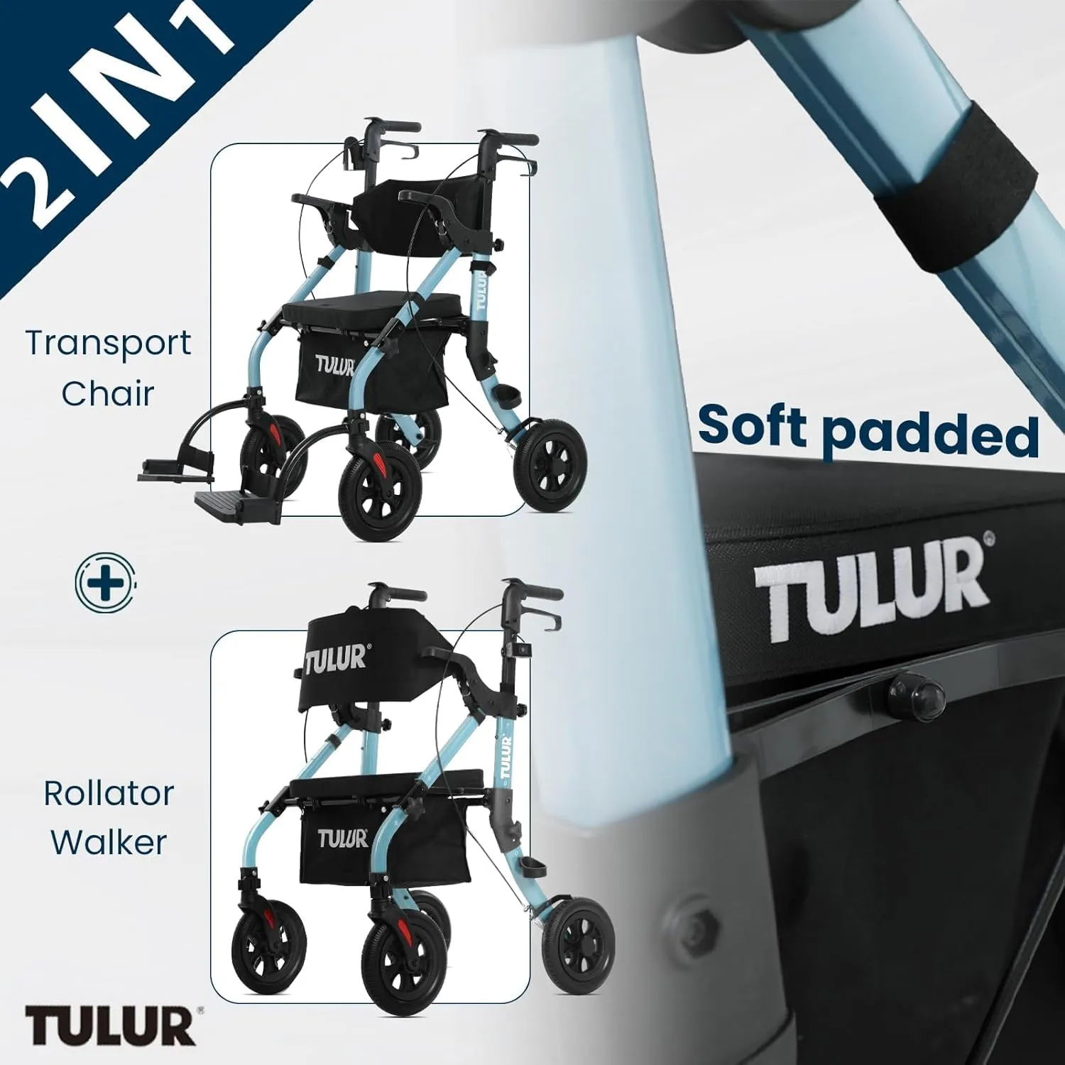All Terrain Walker Wheelchair Combo,Rollator Walker with Seat for Seniors with Footrest,Transport-Wheelchair Combo,2 in 1 Rolling Walker Chair with Wide Backrest by Tulur (Blue)-New