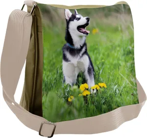 Ambesonne Alaskan Malamute Messenger Bag, Puppy on Grass, Unisex Cross-body
