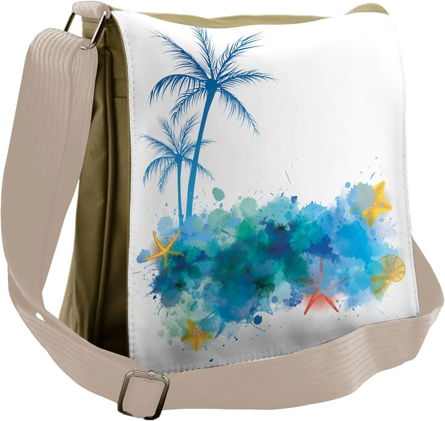 Ambesonne Beach Messenger Bag, Seashells Blue Palm Art, Unisex Cross-body