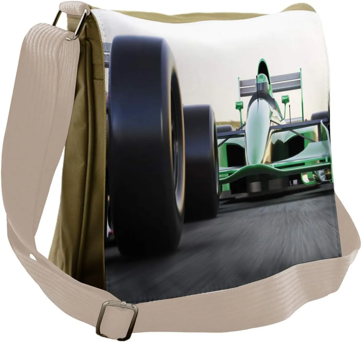 Ambesonne Cars Messenger Bag, Indy Cars on Asphalt Road, Unisex Cross-body
