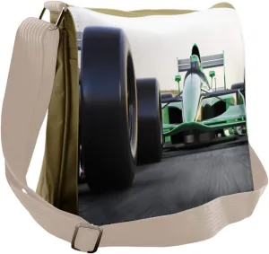 Ambesonne Cars Messenger Bag, Indy Cars on Asphalt Road, Unisex Cross-body