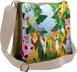 Ambesonne Cartoon Messenger Bag, Savannah Jungle Funny Art, Unisex Cross-body