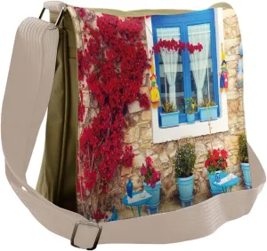 Ambesonne Coastal Messenger Bag, Mediterranean House, Unisex Cross-body