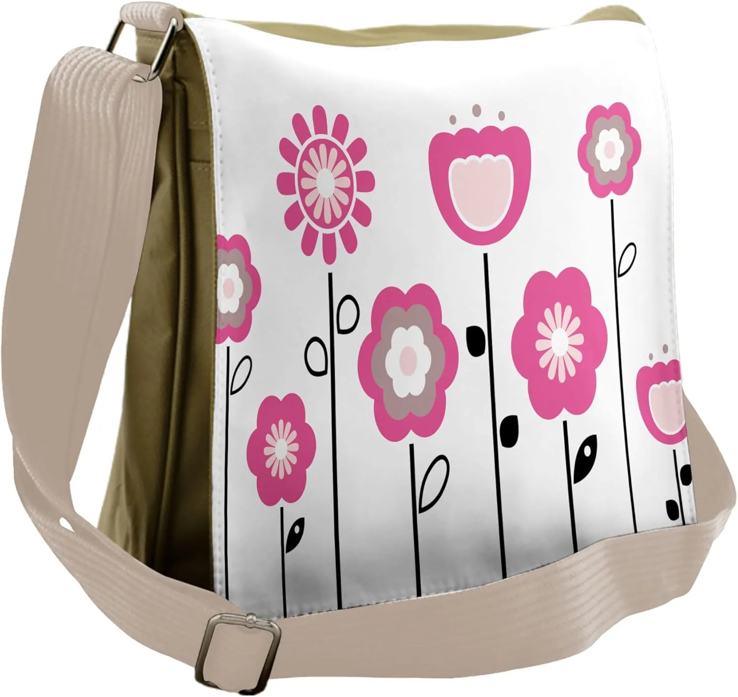Ambesonne Pink and White Messenger Bag, Cartoon Flower Twigs, Unisex Cross-body