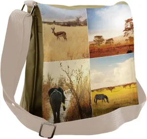 Ambesonne Savannah Messenger Bag, Wild Animals Collage Image, Unisex Cross-body
