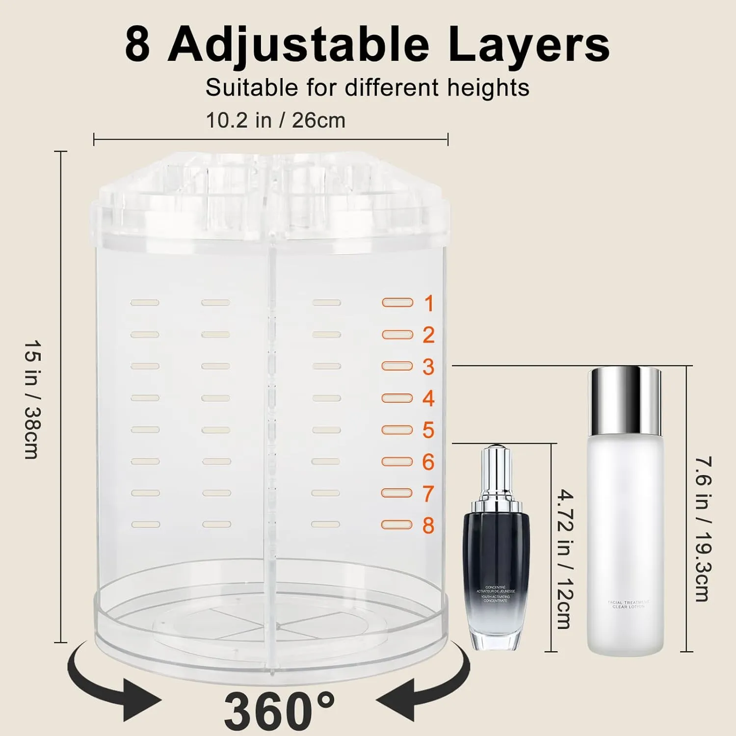 AMEITECH Makeup Organizer, 360 Degree Rotating Adjustable Cosmetic Storage Display Case with 8 Layers Large Capacity, Fits Jewelry, Makeup Brushes, Lipsticks and More, Clear