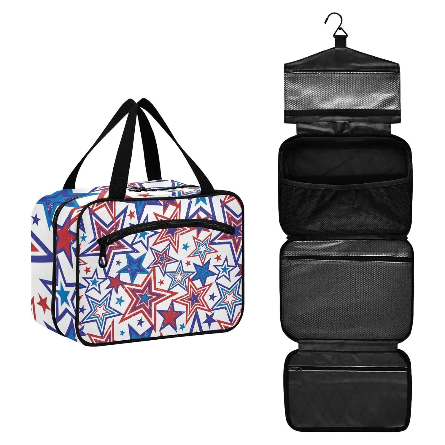 American Blue Red Stars July 4th Seamless on White 1 PC Hanging Travel Wash bag with Handles, Portable Makeup Organizer Brush Storage Case Portable Travel Cosmetic with Hook M