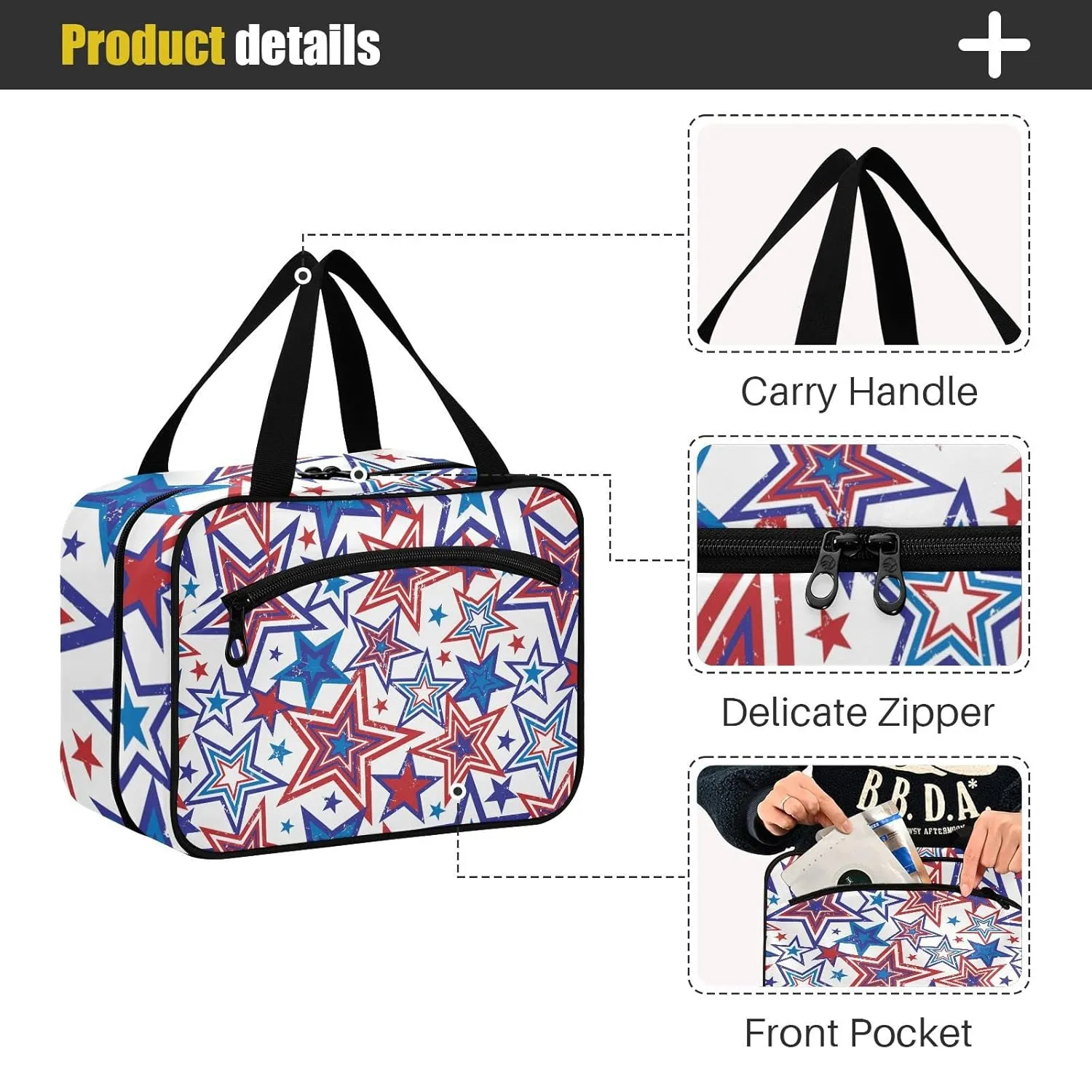 American Blue Red Stars July 4th Seamless on White 1 PC Hanging Travel Wash bag with Handles, Portable Makeup Organizer Brush Storage Case Portable Travel Cosmetic with Hook M
