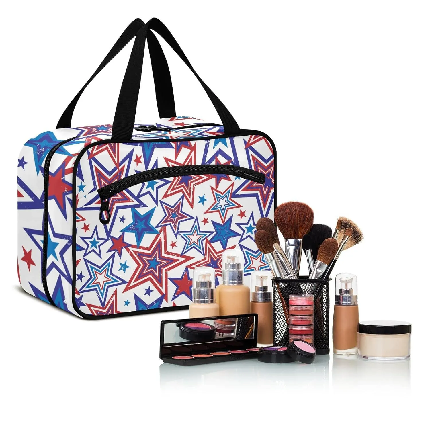 American Blue Red Stars July 4th Seamless on White 1 PC Hanging Travel Wash bag with Handles, Portable Makeup Organizer Brush Storage Case Portable Travel Cosmetic with Hook M