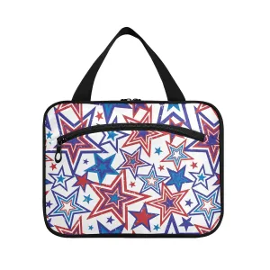American Blue Red Stars July 4th Seamless on White 1 PC Hanging Travel Wash bag with Handles, Portable Makeup Organizer Brush Storage Case Portable Travel Cosmetic with Hook M