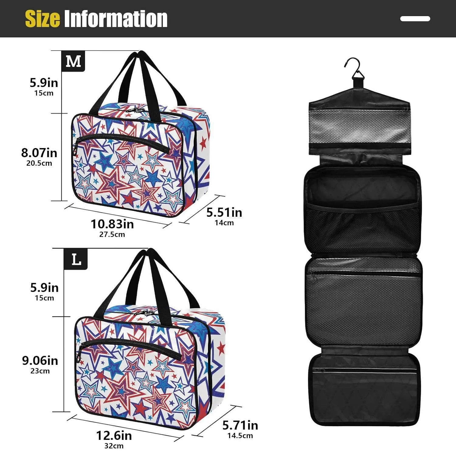 American Blue Red Stars July 4th Seamless on White 1 PC Hanging Travel Wash bag with Handles, Portable Makeup Organizer Brush Storage Case Portable Travel Cosmetic with Hook M