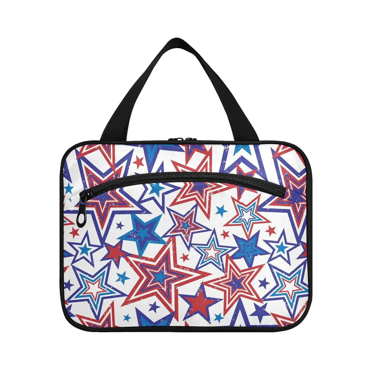 American Blue Red Stars July 4th Seamless on White 1 PC Hanging Travel Wash bag with Handles, Portable Makeup Organizer Brush Storage Case Portable Travel Cosmetic with Hook M