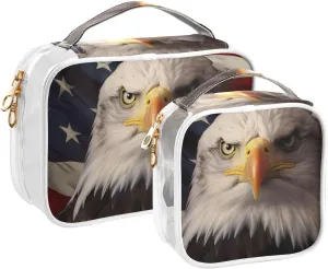 American Flag Serious Eagle Travel Toiletry Bag for Women 2 Pack Clear Makeup Bag with Handles Waterproof Cosmetic Bag