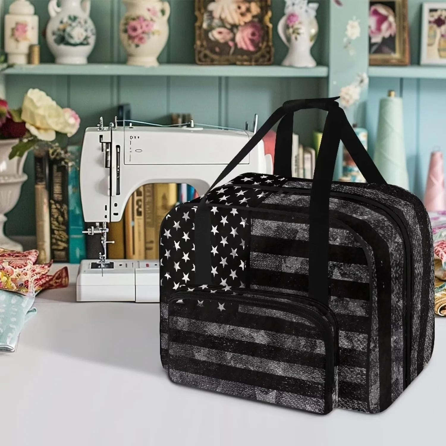 American Flag Sewing Machine Carrying Case Dust Cover Washable Portable Sewing Machine Case Tote Bag with Pocket Fit Most Standard Sewing Machines