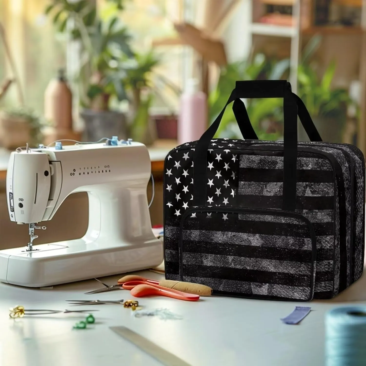 American Flag Sewing Machine Carrying Case Dust Cover Washable Portable Sewing Machine Case Tote Bag with Pocket Fit Most Standard Sewing Machines