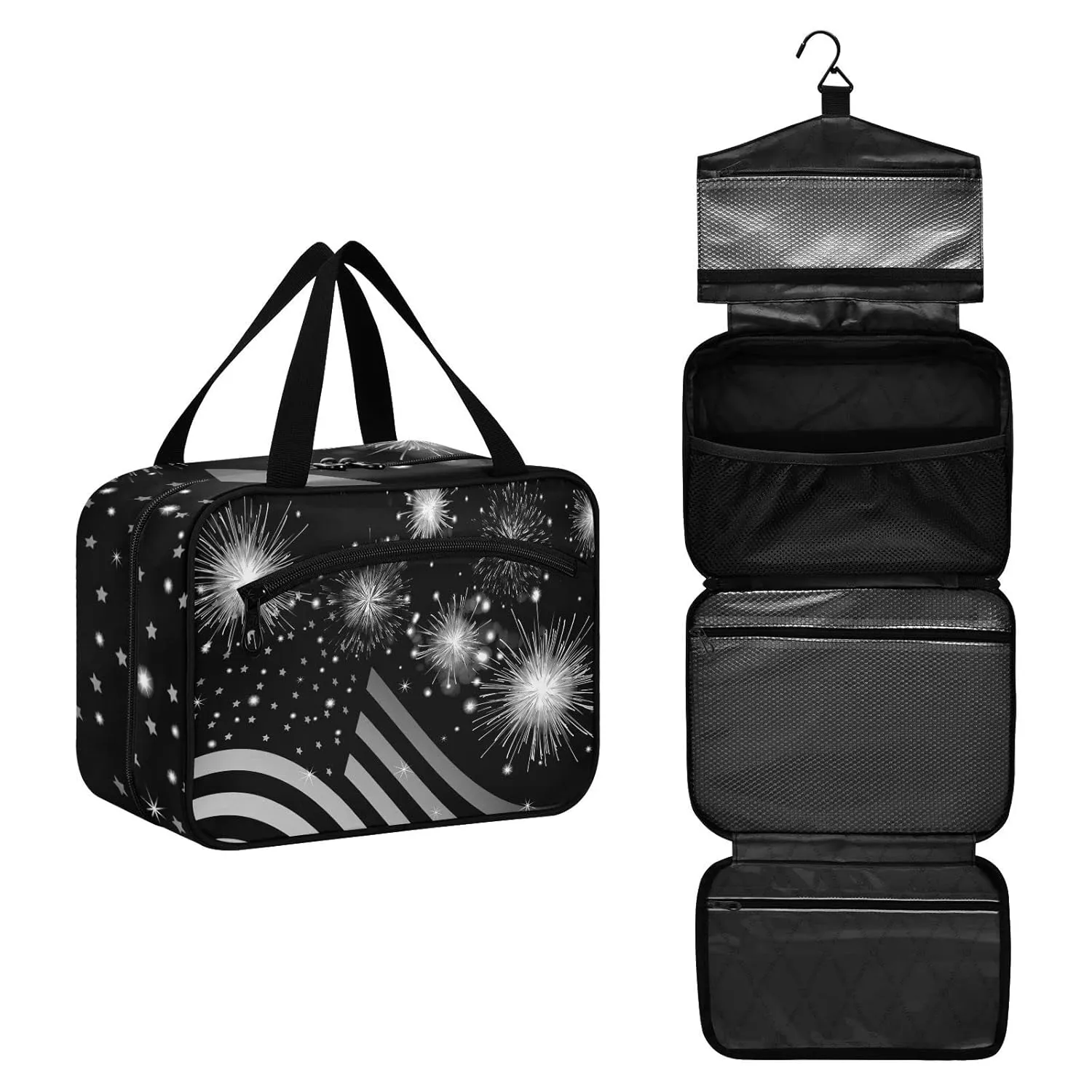 American Flag Shiny Sparkling Firework Independence Day July 4th 1 PC Hanging Travel Wash bag with Handles, Portable Makeup Organizer Brush Storage Case Portable Travel Cosmetic with Hook M