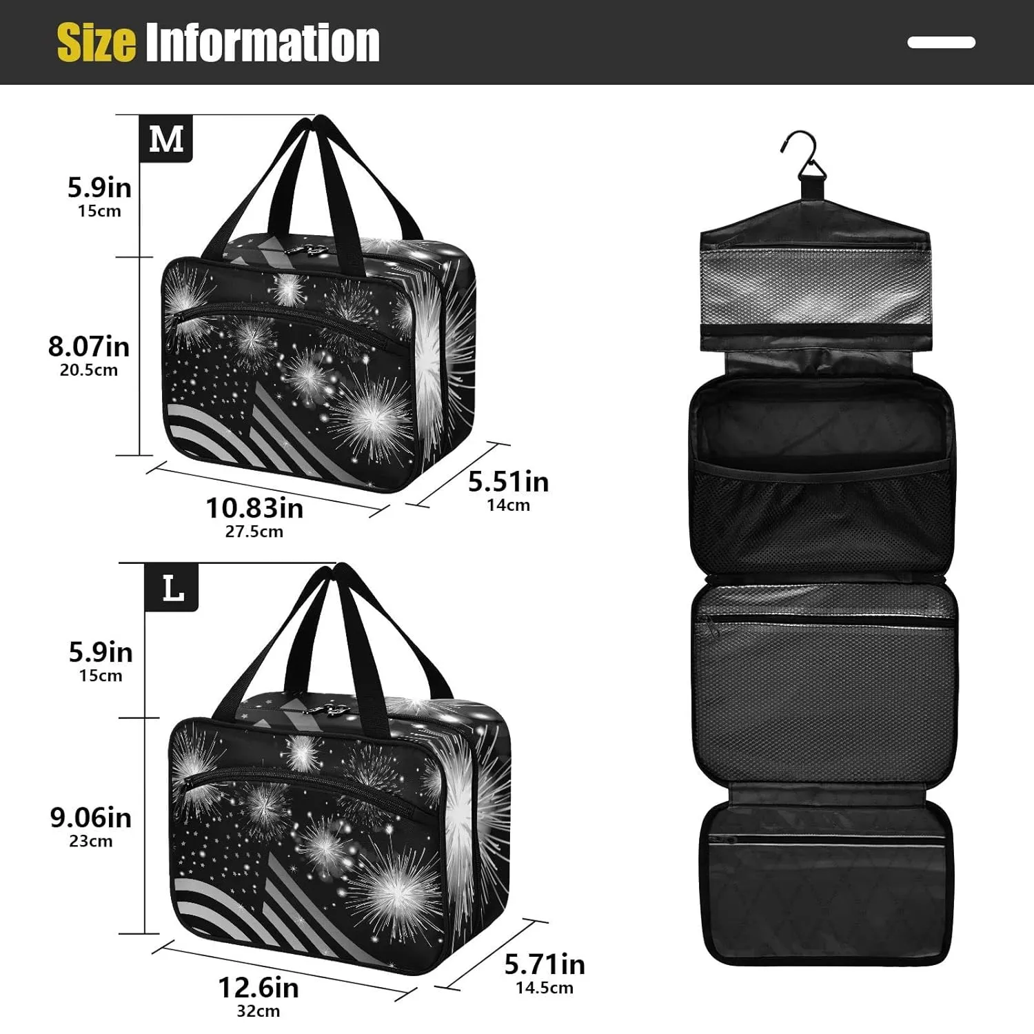 American Flag Shiny Sparkling Firework Independence Day July 4th 1 PC Hanging Travel Wash bag with Handles, Portable Makeup Organizer Brush Storage Case Portable Travel Cosmetic with Hook M