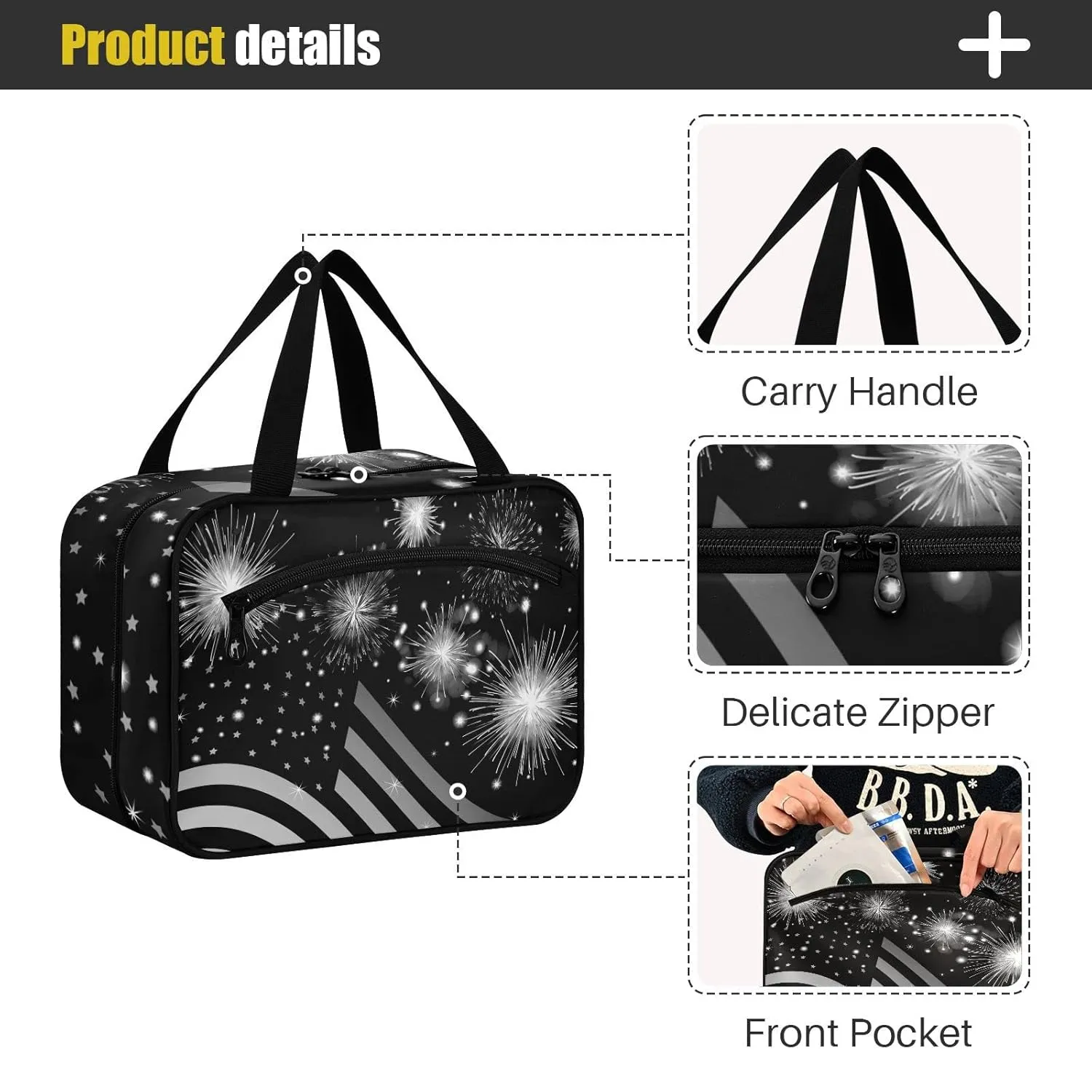 American Flag Shiny Sparkling Firework Independence Day July 4th 1 PC Hanging Travel Wash bag with Handles, Portable Makeup Organizer Brush Storage Case Portable Travel Cosmetic with Hook M
