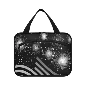 American Flag Shiny Sparkling Firework Independence Day July 4th 1 PC Hanging Travel Wash bag with Handles, Portable Makeup Organizer Brush Storage Case Portable Travel Cosmetic with Hook M