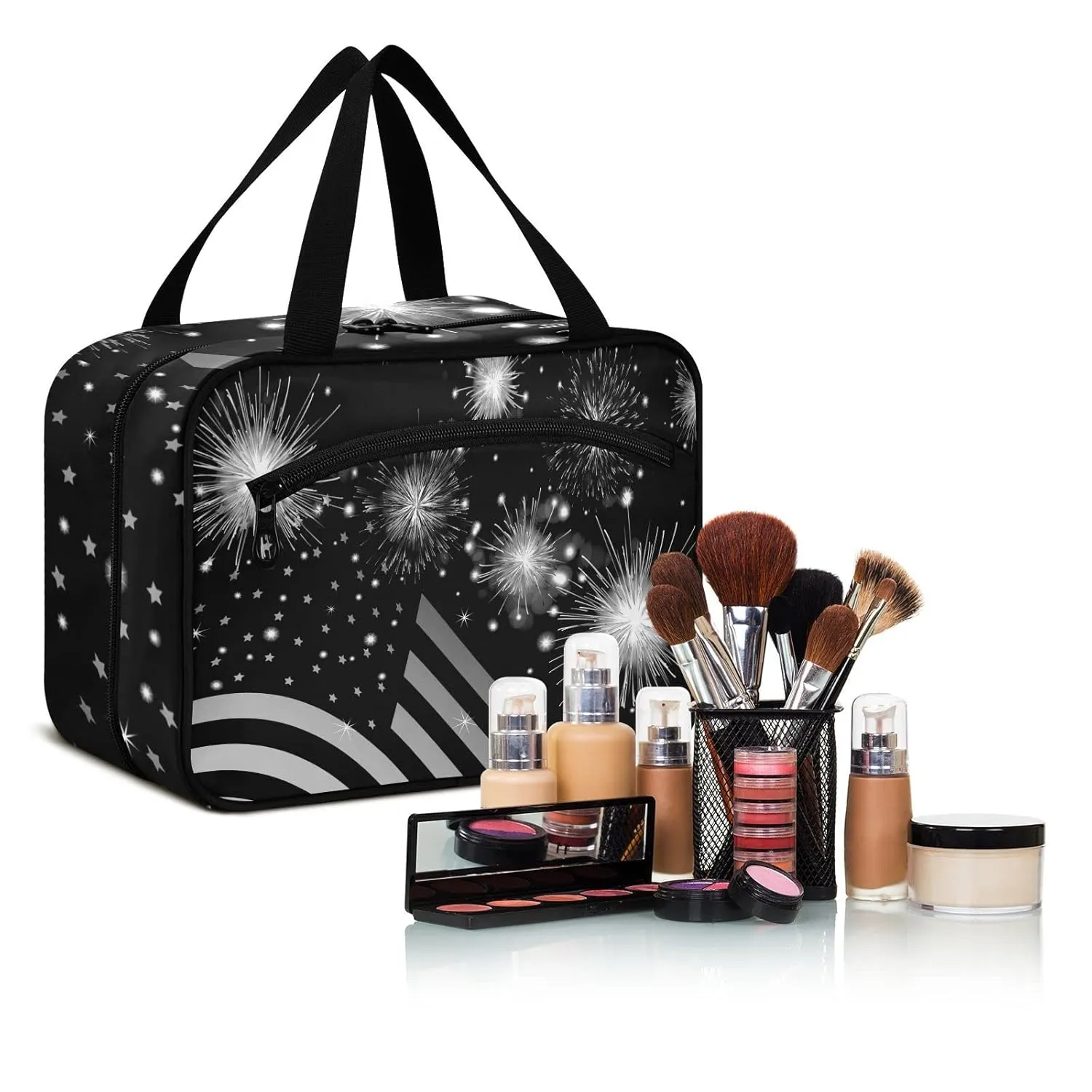 American Flag Shiny Sparkling Firework Independence Day July 4th 1 PC Hanging Travel Wash bag with Handles, Portable Makeup Organizer Brush Storage Case Portable Travel Cosmetic with Hook M