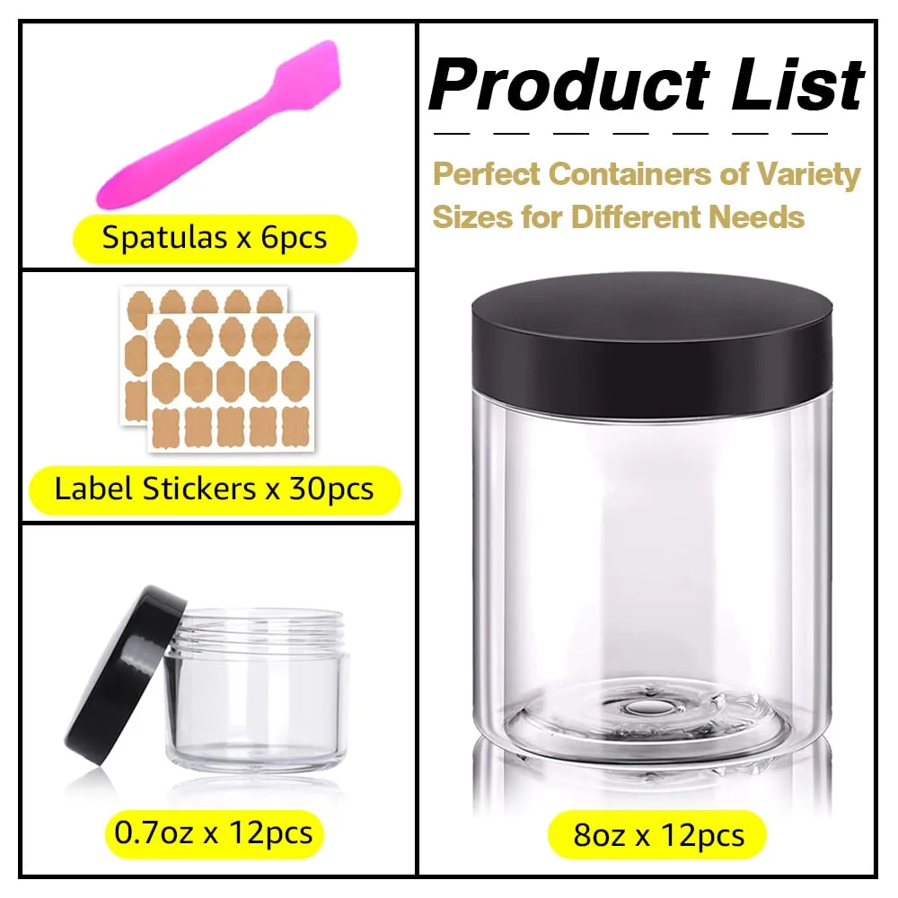 AMORIX 8oz Plastic Jars with Lids 8 oz Plastic Containers with Lids   20g Sample Containers (Set of 24) Airtight Container for Lip Scrub, Body Butters, Cream, Slime, Craft Storage