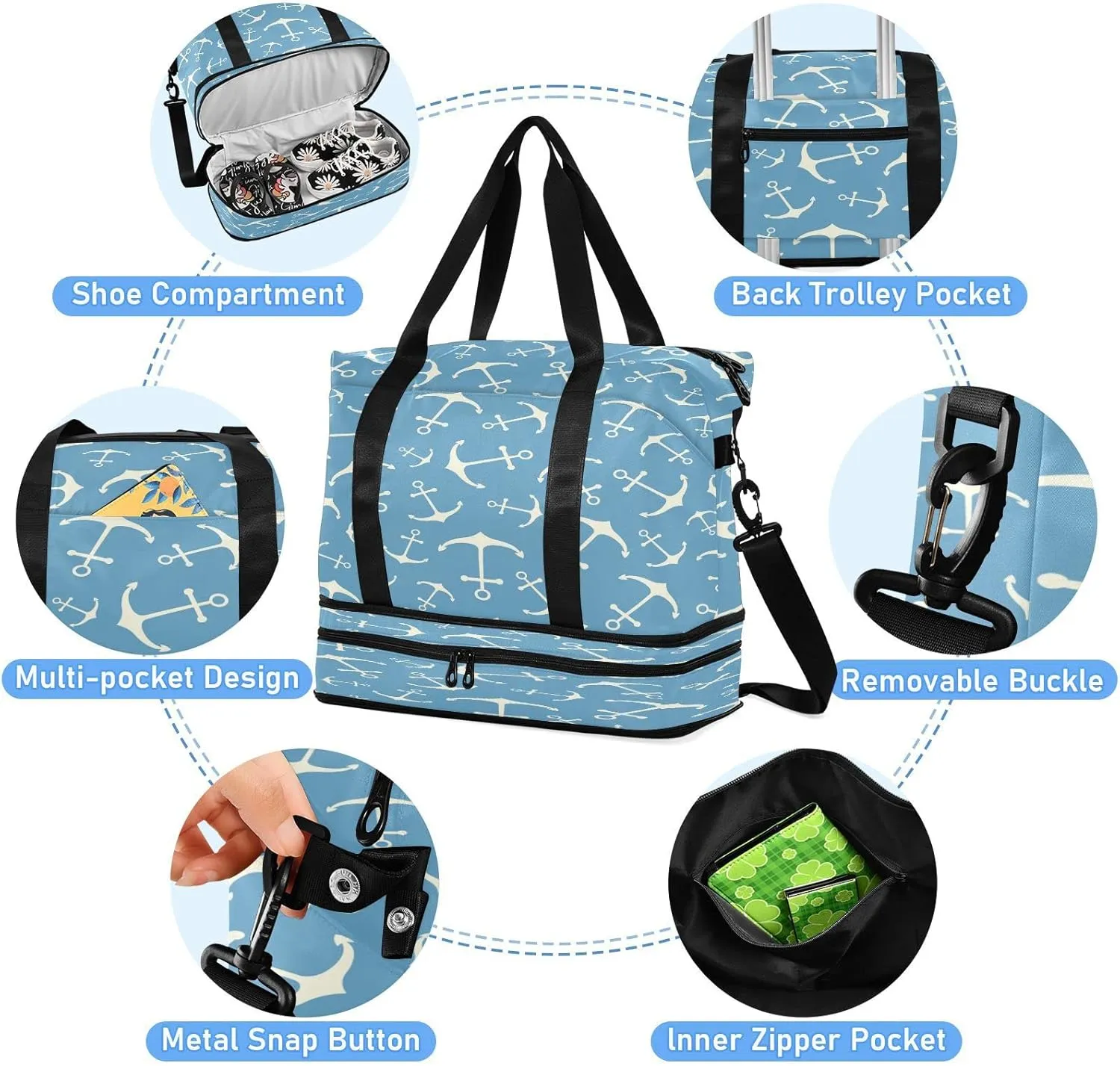 Anchor Sport Tote Bag for Women,Gym Bag Anchor Duffle Bag with Shoe Compartment and Wet Pocket,Ladies Beach Bag Overnight Bag,Weekender Bag Carry on Bag for Airplane