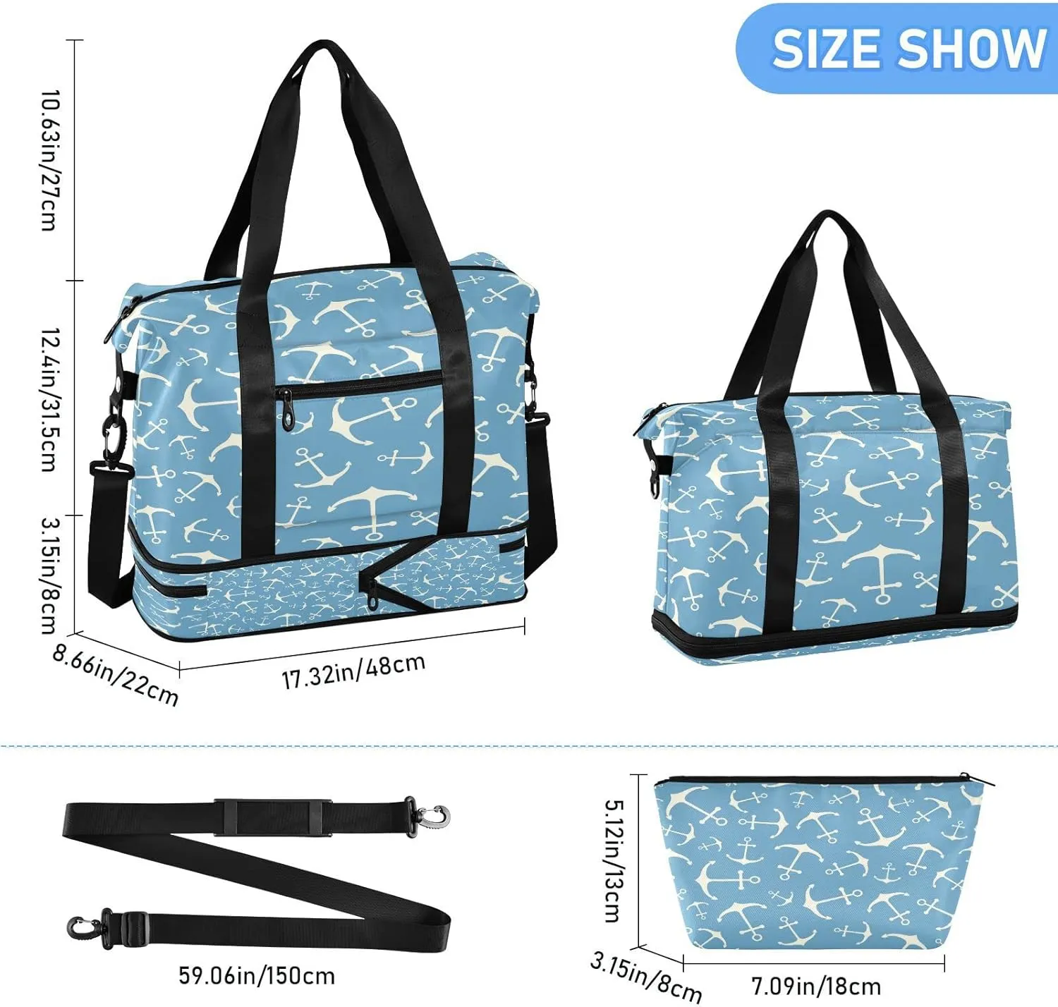 Anchor Sport Tote Bag for Women,Gym Bag Anchor Duffle Bag with Shoe Compartment and Wet Pocket,Ladies Beach Bag Overnight Bag,Weekender Bag Carry on Bag for Airplane