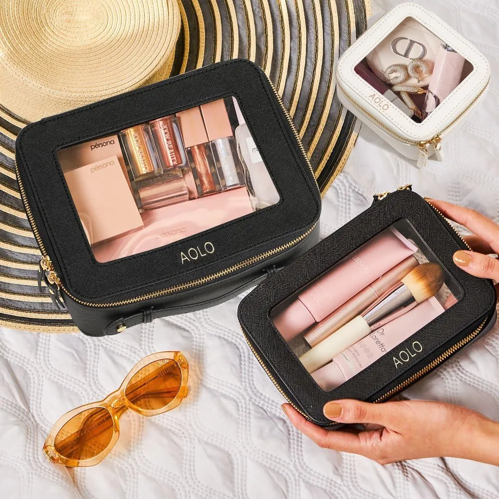 AOLO Travel Makeup Bag for Women - Clear Cosmetic Bags, Carry-on Make up Organizer Pouch with Transparent Windows and Zippers, TSA Approved Cute Cosmetics Case for Women & Girls