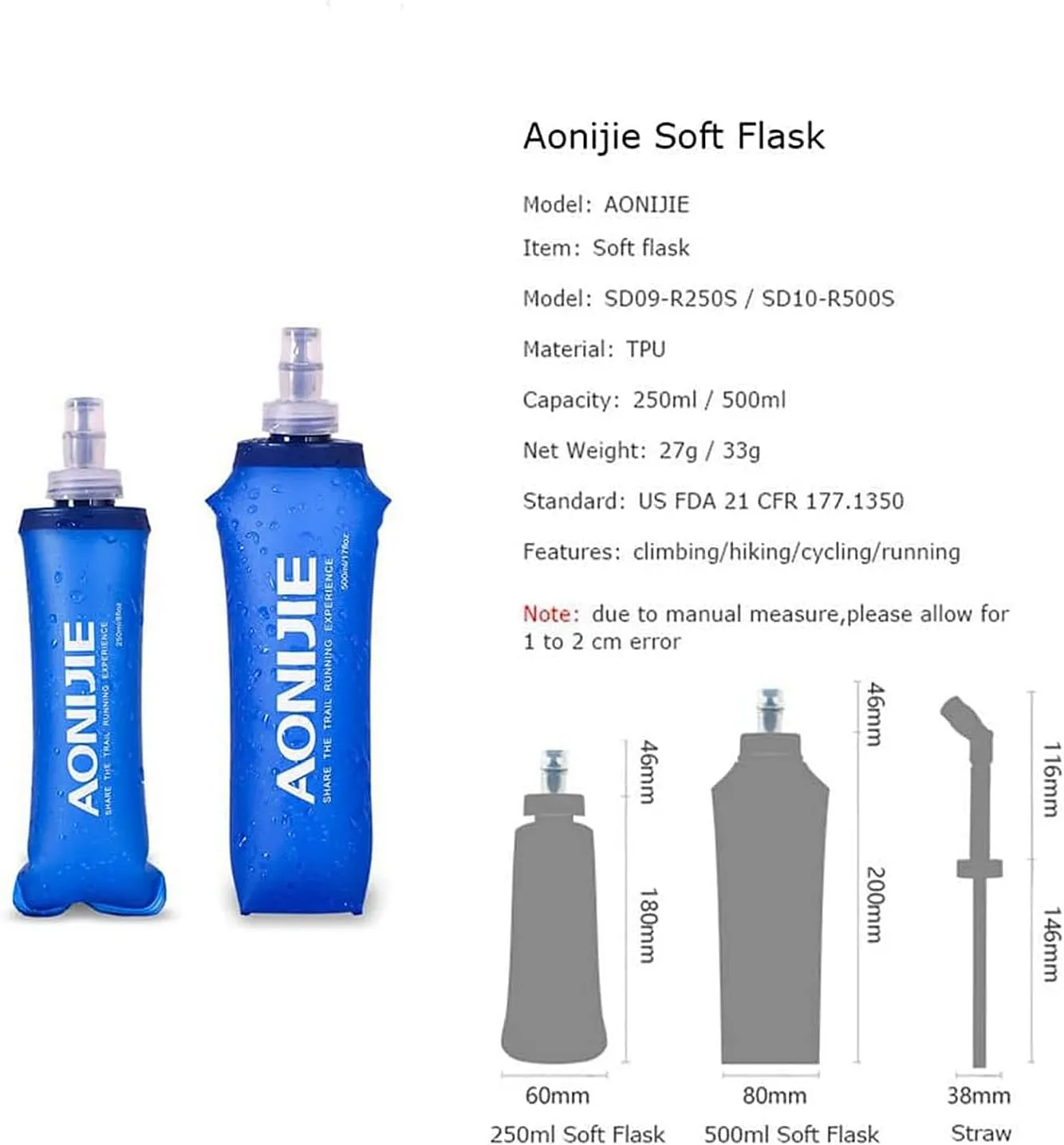 AONIJIE TPU Soft Folding Water Bottles Collapsible Flask for Hydration Pack for Running Hiking Cycling Climbing Pack of 2 (250ml -Pack of 2)