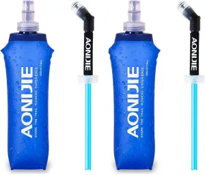AONIJIE TPU Soft Folding Water Bottles Collapsible Flask for Hydration Pack for Running Hiking Cycling Climbing Pack of 2 (500ml with Straw -Pack of 2)