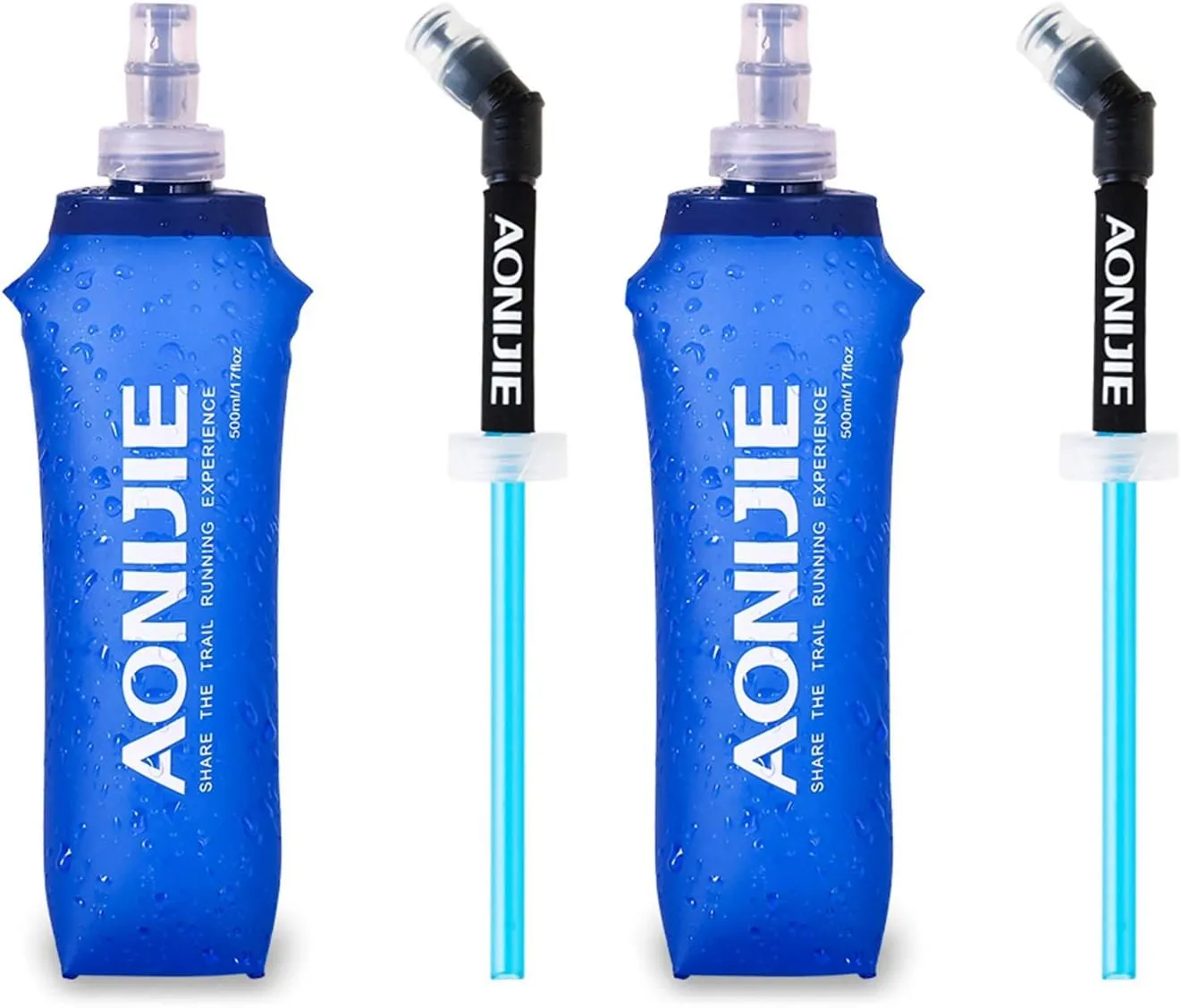 AONIJIE TPU Soft Folding Water Bottles Collapsible Flask for Hydration Pack for Running Hiking Cycling Climbing Pack of 2 (500ml with Straw -Pack of 2)