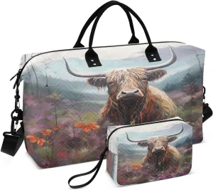 Art Highland Cattle Travel Duffel Bag Large Capacity Weekender Bag with Toiletry Bag Detachable Shoulder Strap Travel Tote Bag for Women