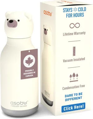 asobu Bestie Bottle Insulated Stainless Steel Water Bottle with Detachable Soft Animal Head Fun Drinking For Kids and Teens16 Ounce (Bear)