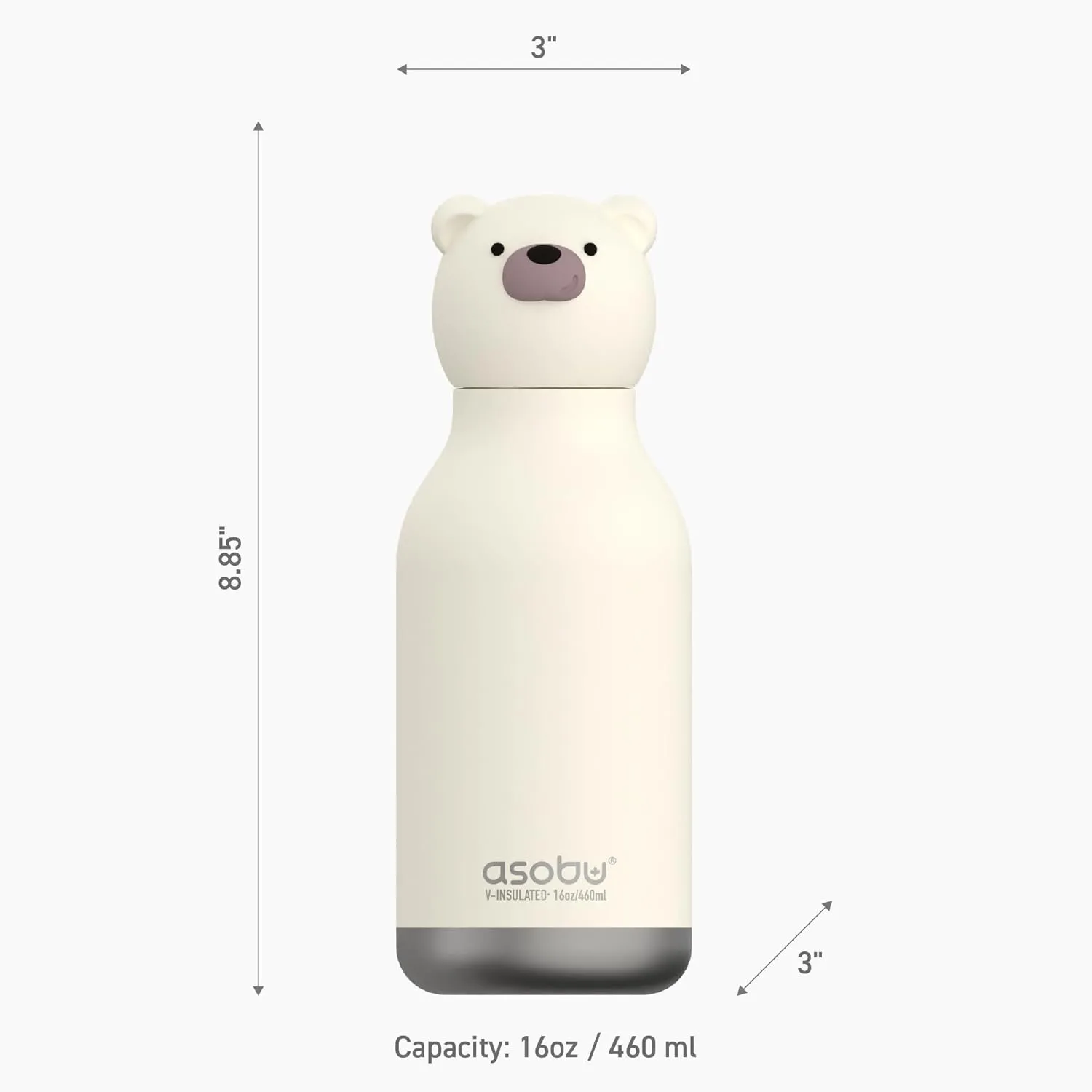 asobu Bestie Bottle Insulated Stainless Steel Water Bottle with Detachable Soft Animal Head Fun Drinking For Kids and Teens16 Ounce (Bear)