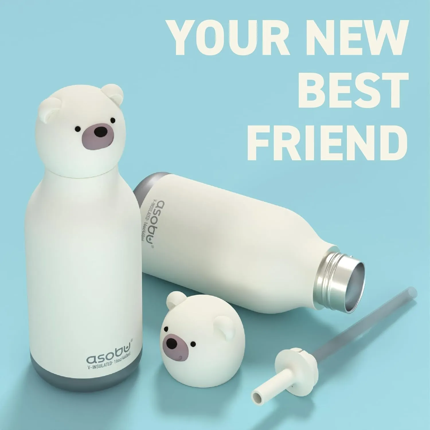 asobu Bestie Bottle Insulated Stainless Steel Water Bottle with Detachable Soft Animal Head Fun Drinking For Kids and Teens16 Ounce (Bear)
