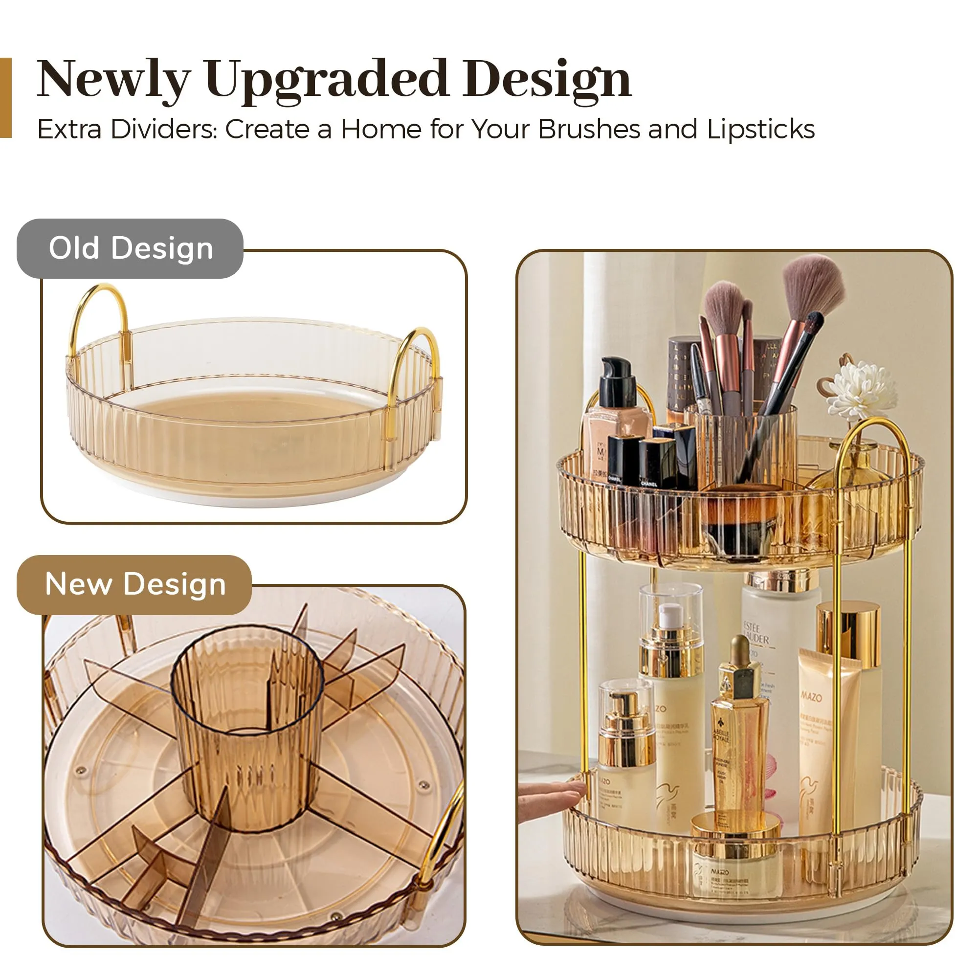 Aveniee 360 Rotating Makeup Organizer for Vanity, Upagraded Perfume Skincare Bathroom Counter Organizers with Brush Divider, Two Tier Spinning Lipstick Cosmetic Makeup Lotion Storage Organizer(Gold)