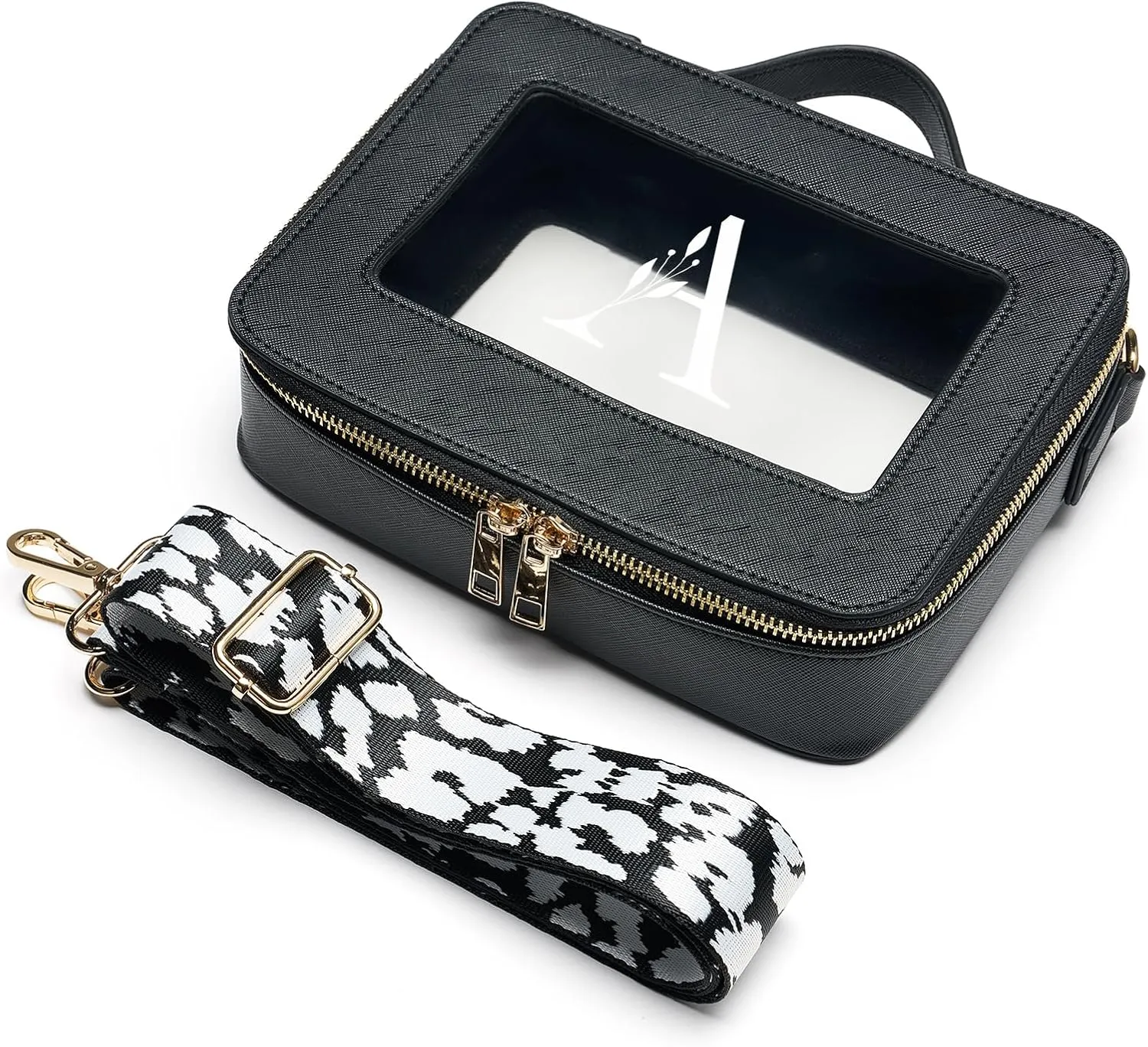 AW BRIDAL Monogram Clear Makeup Bag - Small Toiletry Travel Bag With Shoulder Strap and Zipper, Letter A
